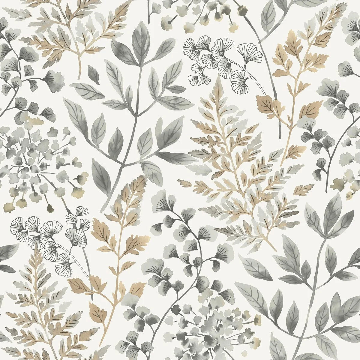 Bringing to mind the coziness of autumn, our Sigrid wallpaper in grey and golden-brown tones on a white background is bold and beautiful