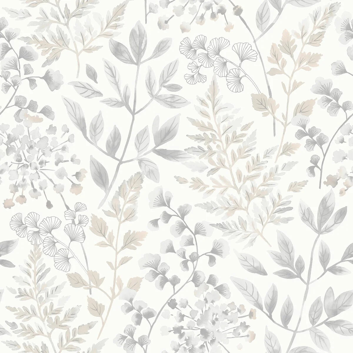 Colored in bright and inviting pale beige and grey tones on a fresh white background, our Sigrid wallpaper features a subtle yet beautifully detailed fern illustration.