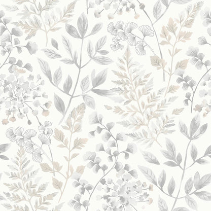 Colored in bright and inviting pale beige and grey tones on a fresh white background, our Sigrid wallpaper features a subtle yet beautifully detailed fern illustration.