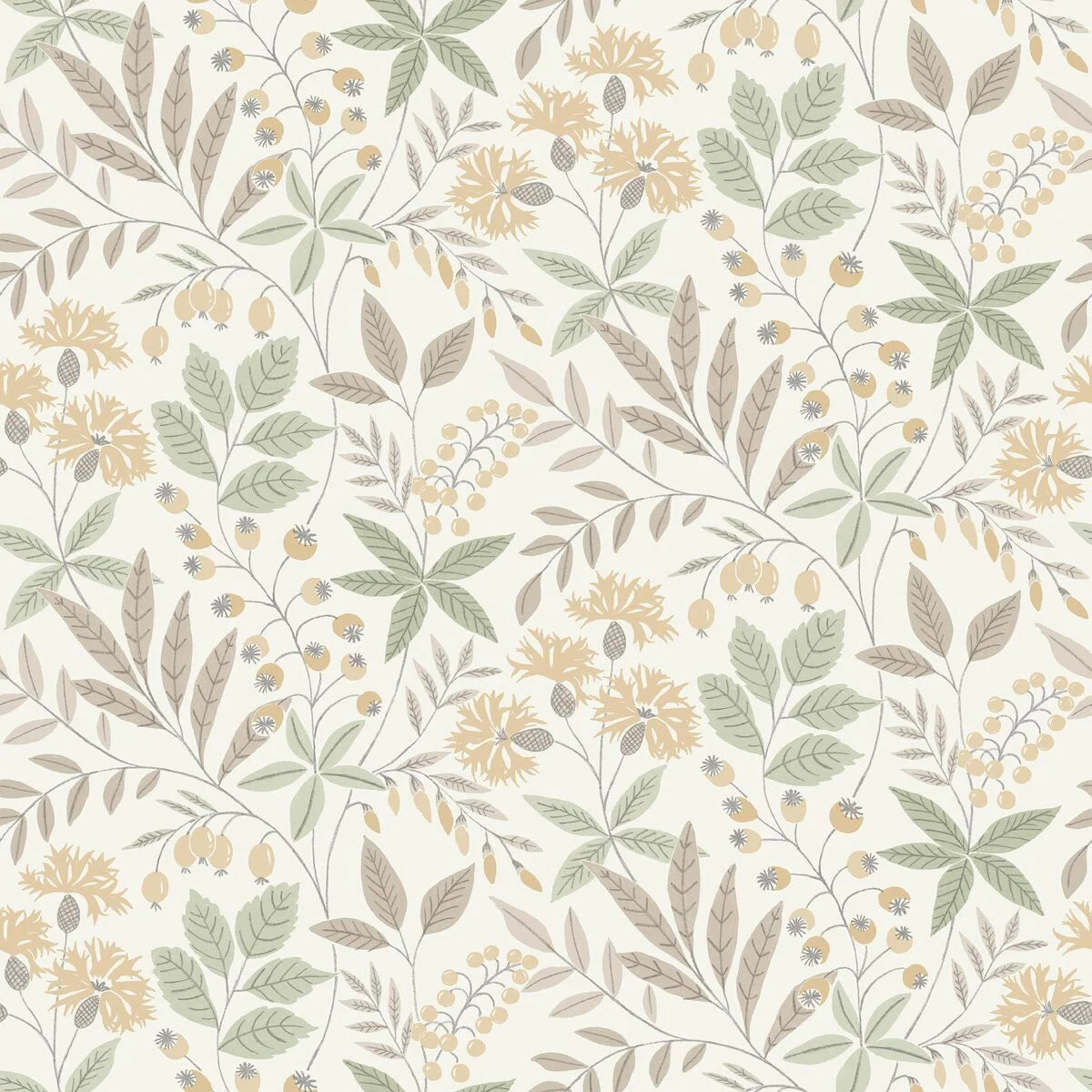 Bring life and color to your space with our Vilma wallpaper in a mild and natural color scheme of rich yet muted brown, golden ochre and luscious green.