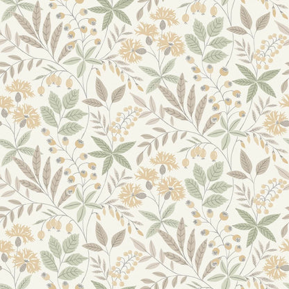 Bring life and color to your space with our Vilma wallpaper in a mild and natural color scheme of rich yet muted brown, golden ochre and luscious green.