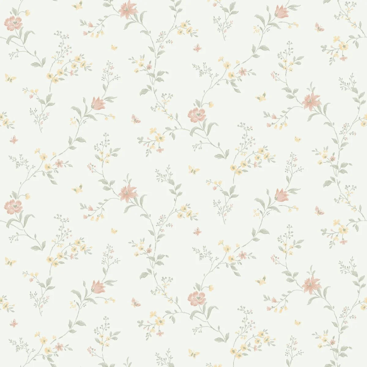 Shabby chic blends with romantic charm in our Viktoria wallpaper colored in a pretty palette of white, green, yellow and pink.