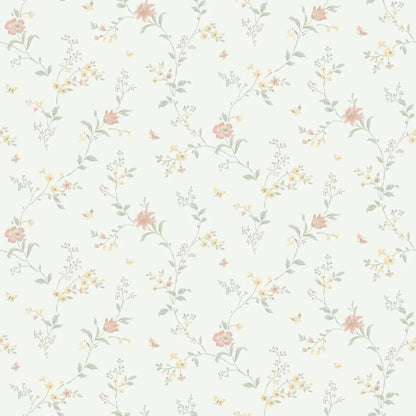 Shabby chic blends with romantic charm in our Viktoria wallpaper colored in a pretty palette of white, green, yellow and pink.