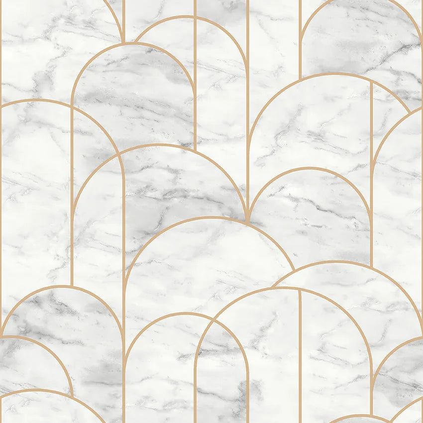 With a marble effect exquisitely accented in shimmering gold, our stunning Arch wallpaper in grey and white adds a touch of decadence to any interior. 