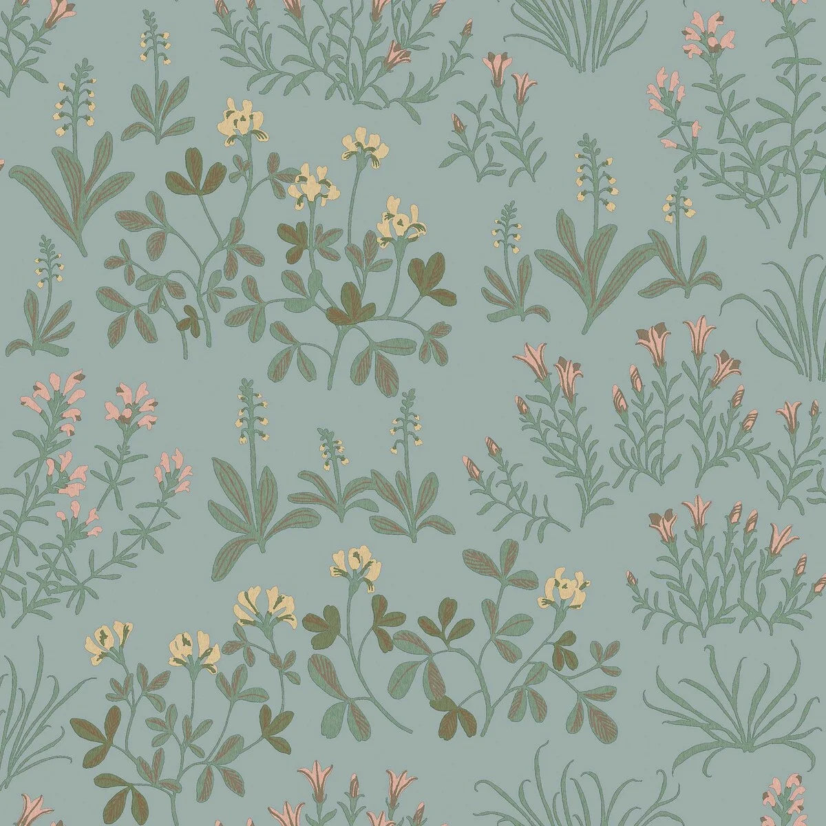 Soft yet striking, our Noras Äng wallpaper combines a serene blue base with warm hues of honey yellow and pretty pink.