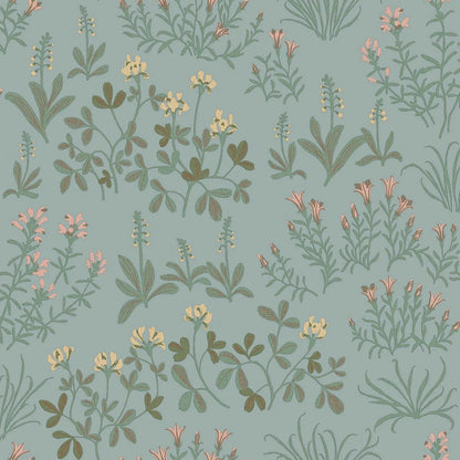 Soft yet striking, our Noras Äng wallpaper combines a serene blue base with warm hues of honey yellow and pretty pink.