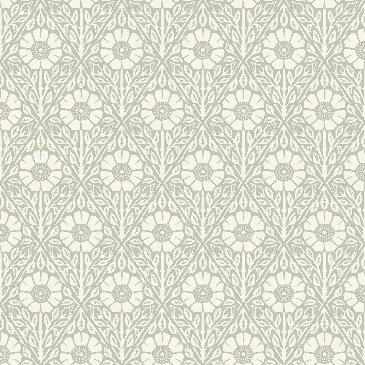 Our Nyponros wallpaper showcases a soft muted green palette with warm white details, to create a harmonious and soothing expression. 