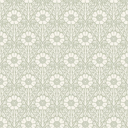 Our Nyponros wallpaper showcases a soft muted green palette with warm white details, to create a harmonious and soothing expression. 