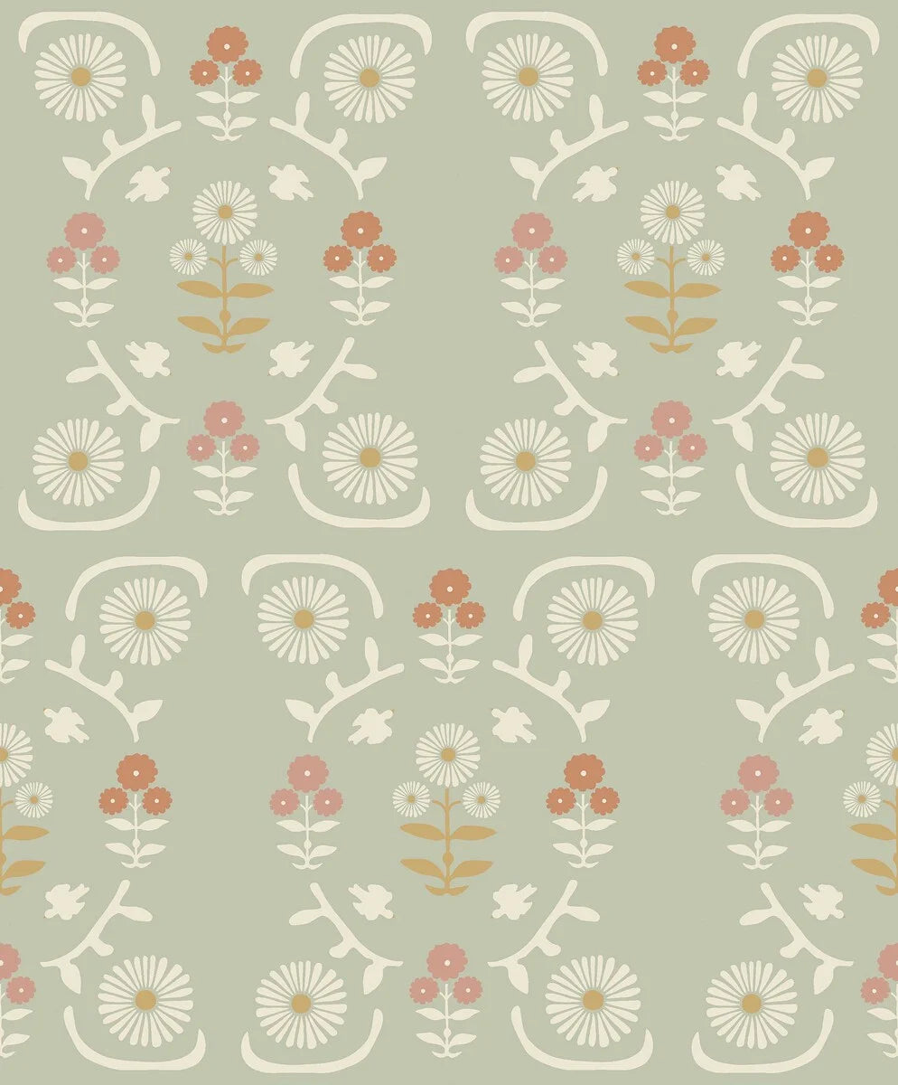 Colored in a beautiful, muted palette of light green with delightful pink, rust red, and mustard yellow details, our Isolde wallpaper offers a happy and welcoming feel.