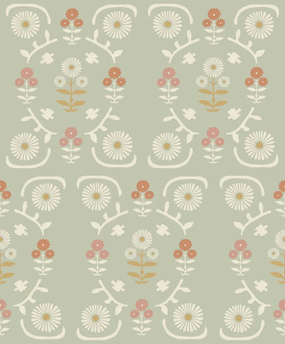 Colored in a beautiful, muted palette of light green with delightful pink, rust red, and mustard yellow details, our Isolde wallpaper offers a happy and welcoming feel.