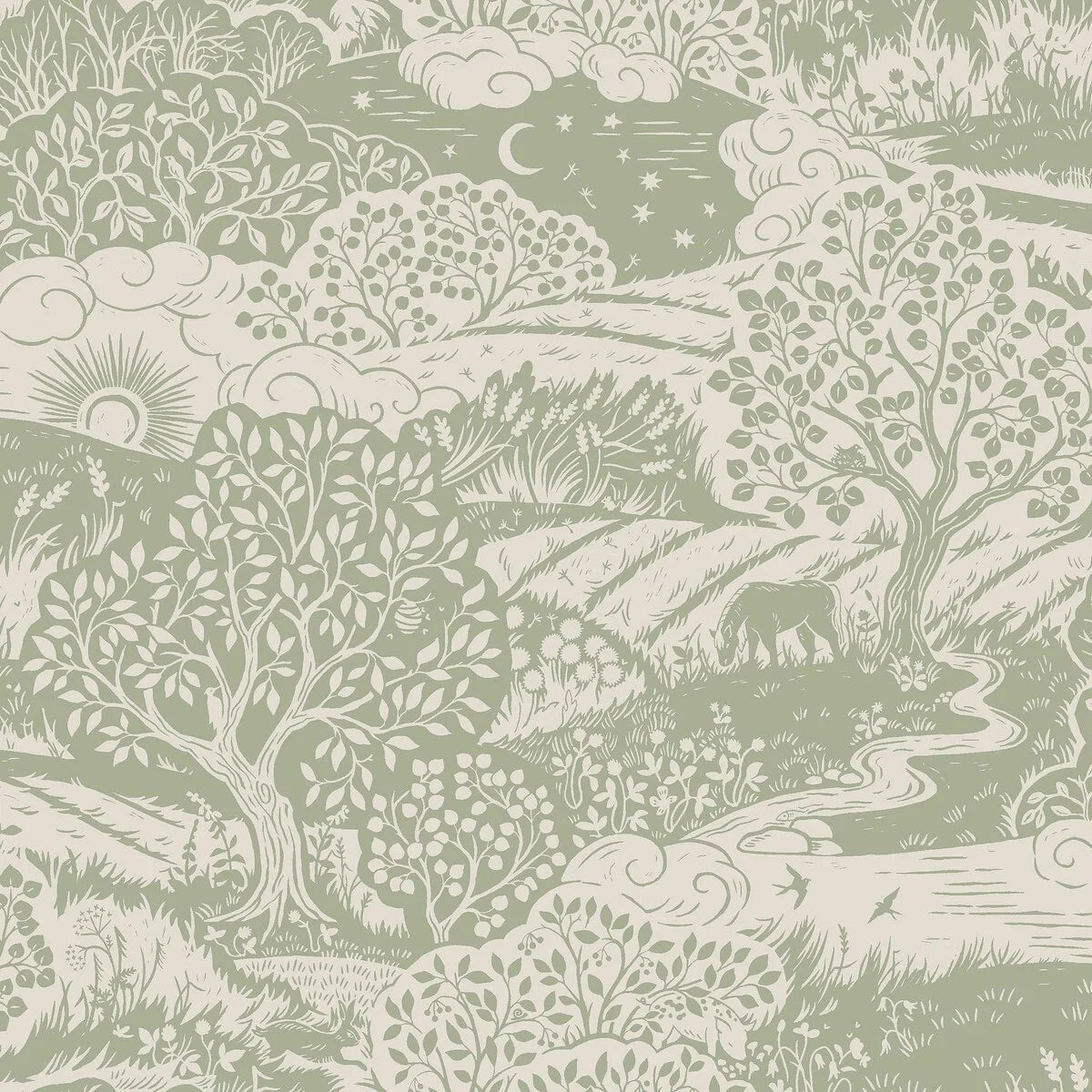 Featuring a soft yet vibrant warm green color scheme on a linen beige background, our Solängen wallpaper brings the lively spirit of nature indoors.