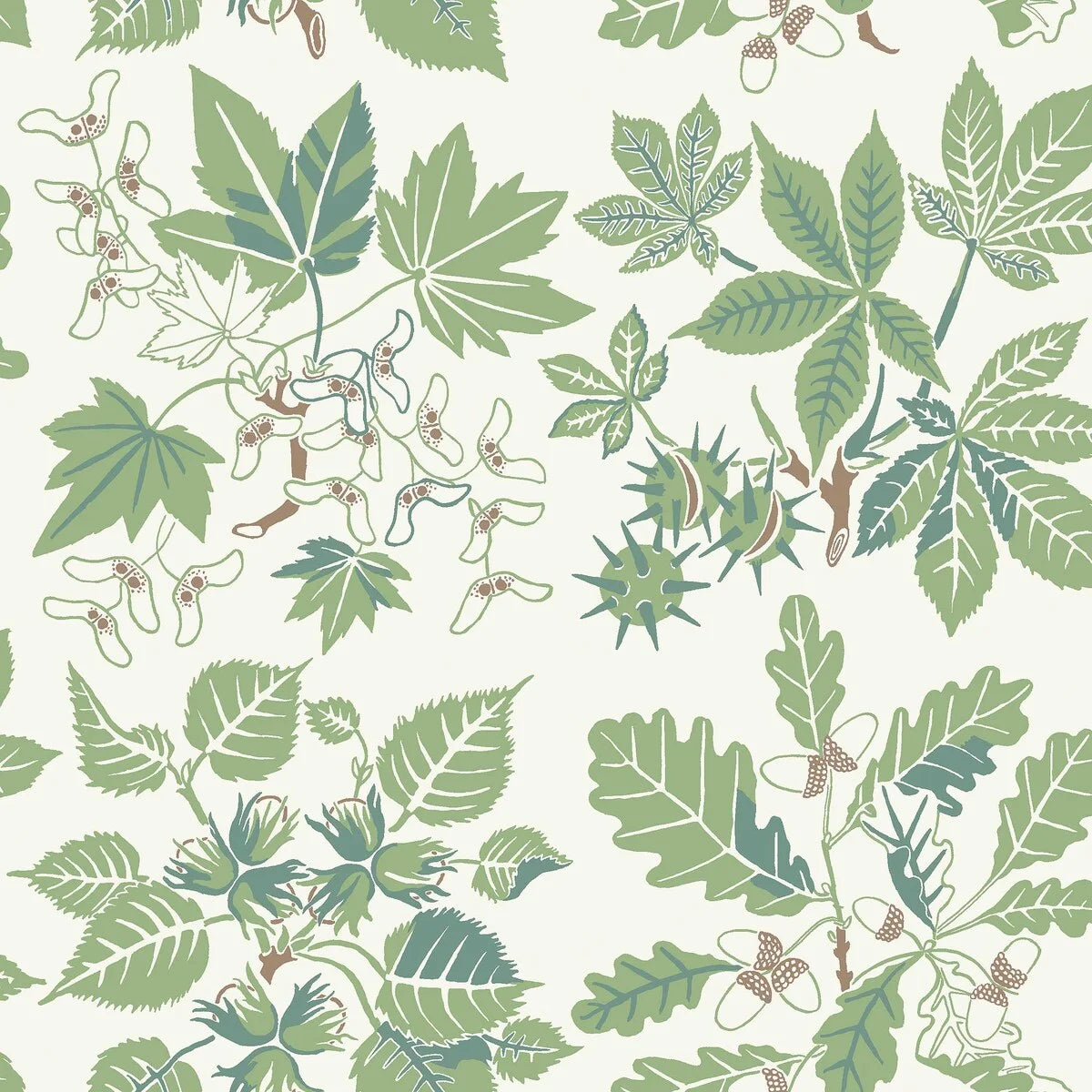 Set on a warm white background with fresh green and brown detailing, our Arboretum wallpaper in surface print is contemporary and playful.