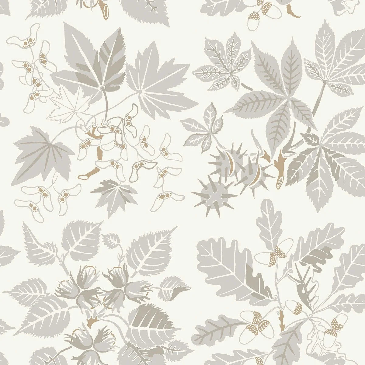 Colored in a soft natural palette of cosy grey and caramel beige on a warm white background, our Arboretum wallpaper offers a calm and sophisticated feel.