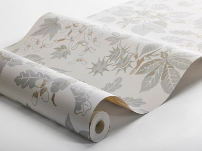 Colored in a soft natural palette of cosy grey and caramel beige on a warm white background, our Arboretum wallpaper offers a calm and sophisticated feel.