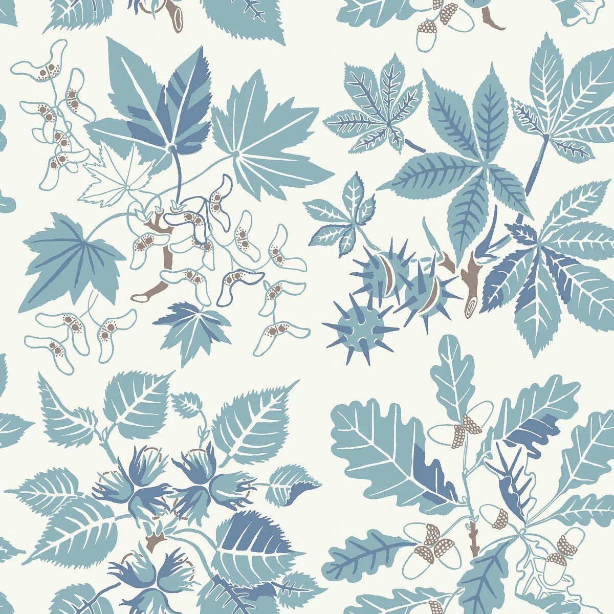 Colored in turquoise and warm blue tones accented with brown details on a warm white background, our Arboretum wallpaper transports you to a whimsical world.