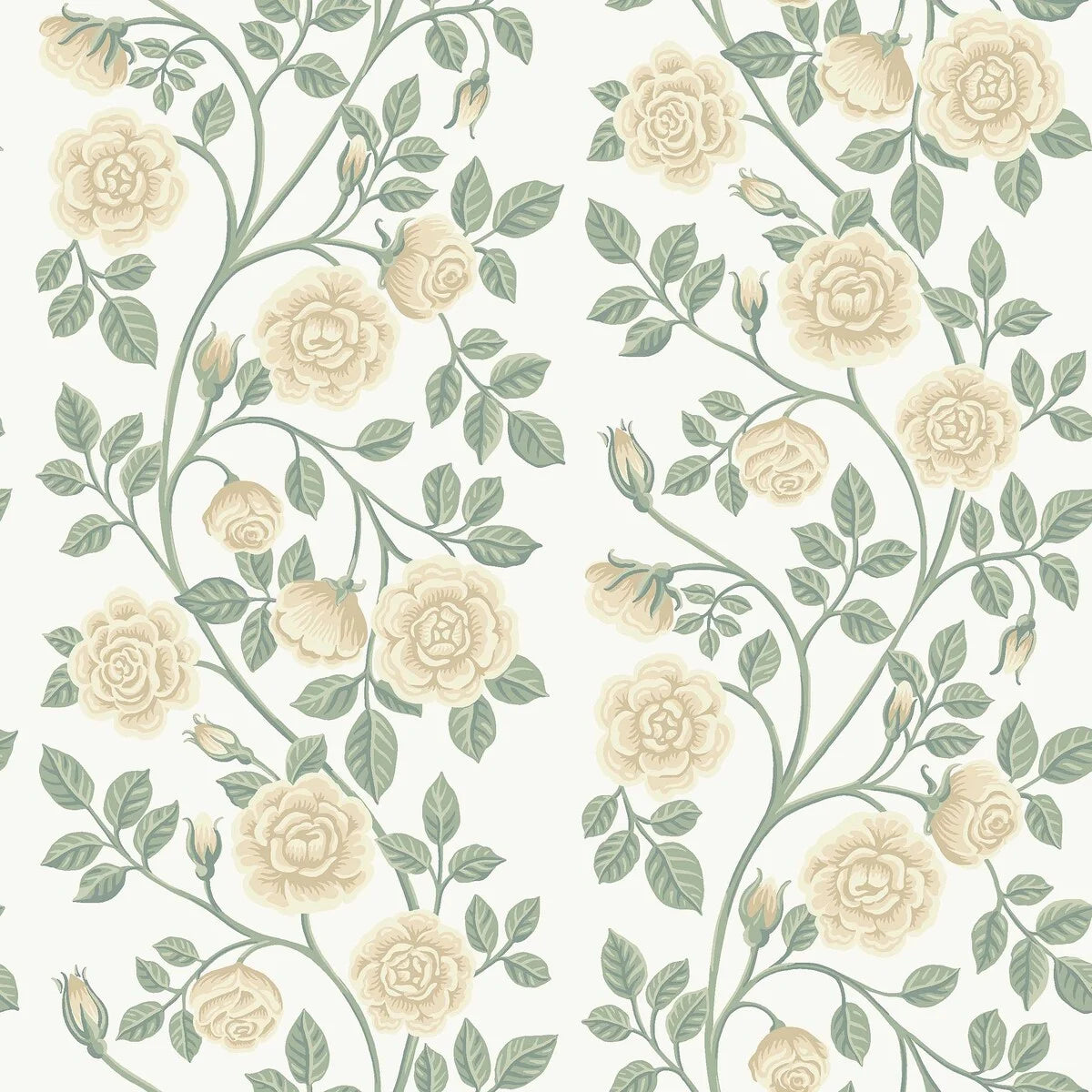 This Elsa wallpaper has a romantic pattern of hand-painted roses colored in cream and honey tones, accented by warm green leaves on an off-white background.