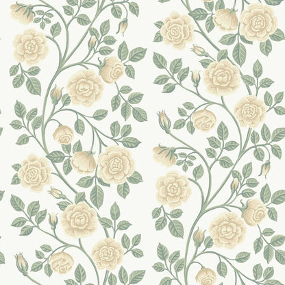 This Elsa wallpaper has a romantic pattern of hand-painted roses colored in cream and honey tones, accented by warm green leaves on an off-white background.