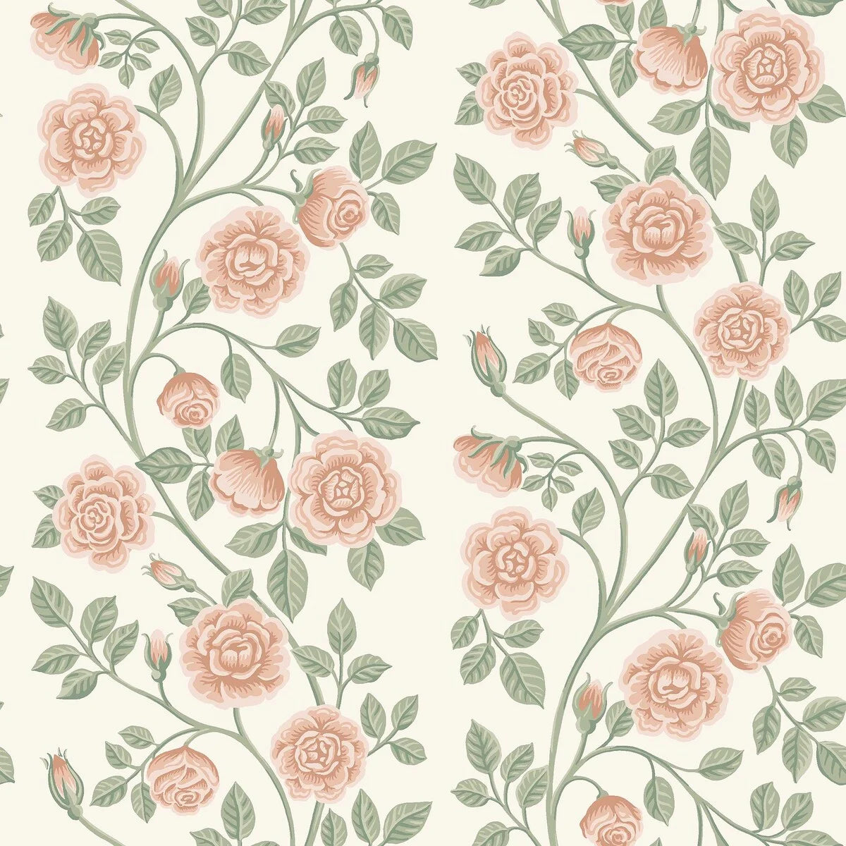  This gorgeous Elsa wallpaper features roses in softly colored, warm pink tones climbing upwards among green leaves and set against a cream background. 