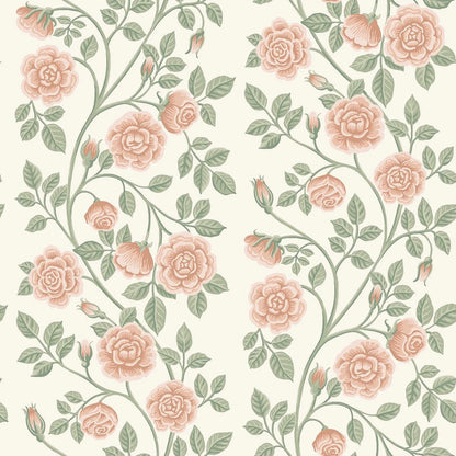  This gorgeous Elsa wallpaper features roses in softly colored, warm pink tones climbing upwards among green leaves and set against a cream background. 