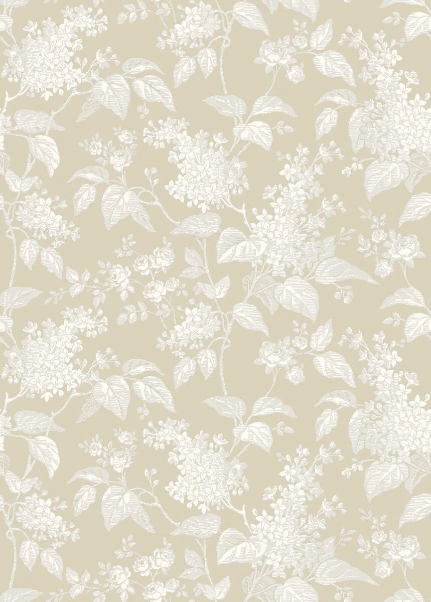  This delightful Syren wallpaper presents a charming display of lilac branches and small roses in a grey and cream palette, elegantly set against a beige background. 