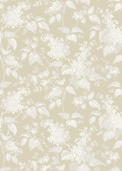  This delightful Syren wallpaper presents a charming display of lilac branches and small roses in a grey and cream palette, elegantly set against a beige background. 