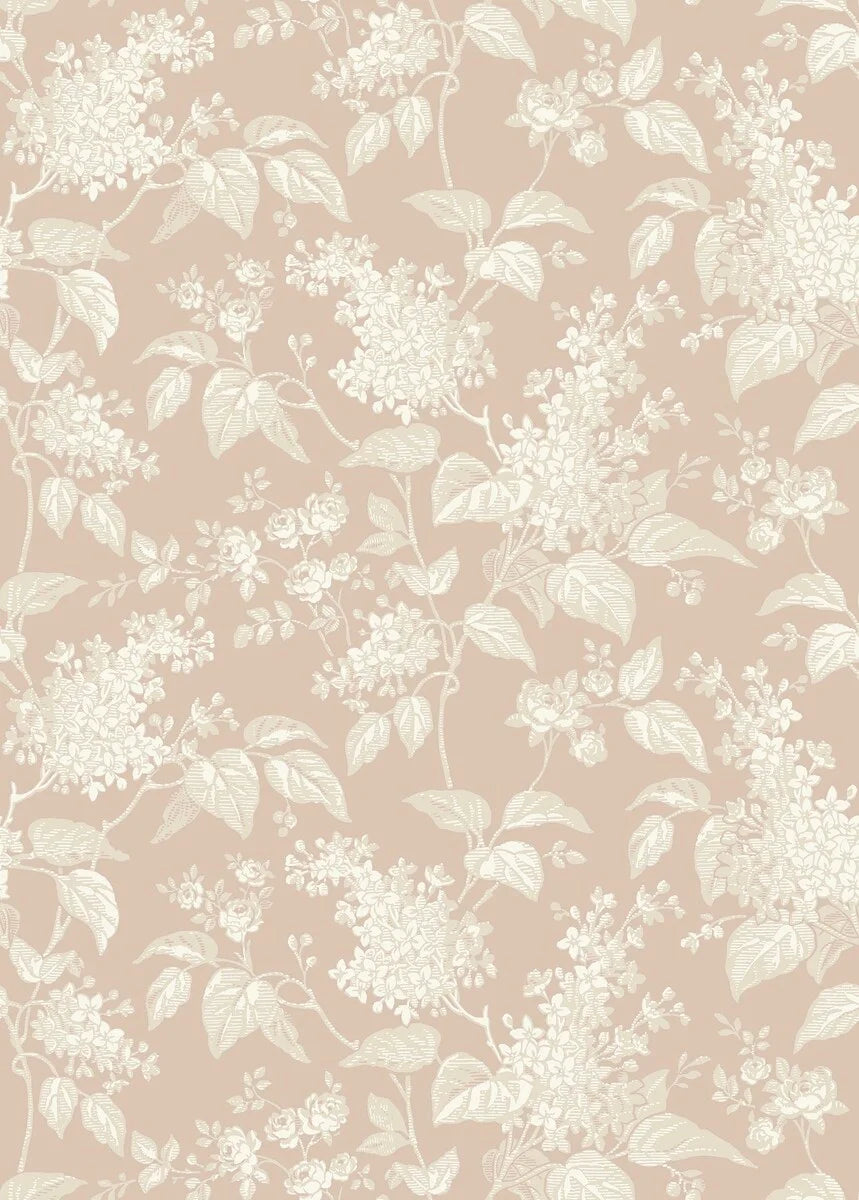 This stunning Syren wallpaper has silhouettes of lilac branches and roses colored in beige and cream, set against a faded pink background