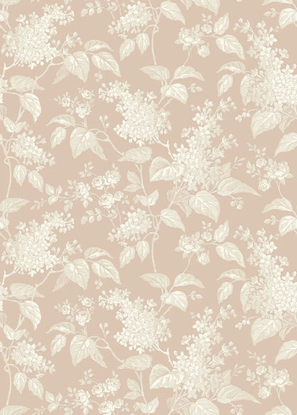 This stunning Syren wallpaper has silhouettes of lilac branches and roses colored in beige and cream, set against a faded pink background