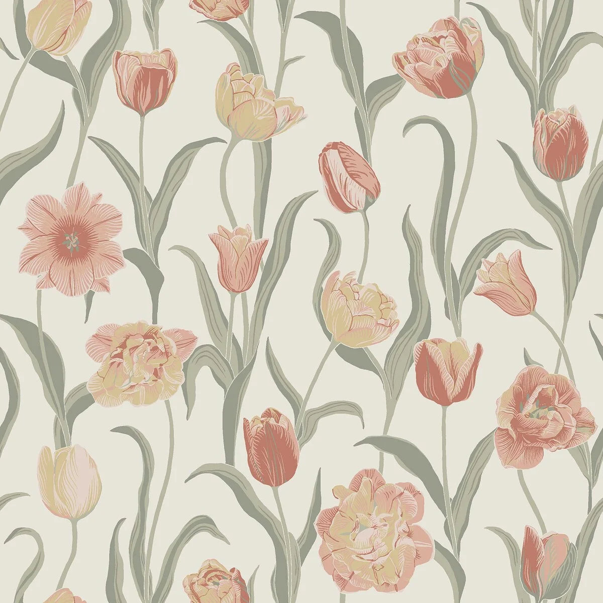 This joyful La Belle Epoque wallpaper is adorned with a variety of tulips in different colors, from pink and apricot tones with buttery yellow edges, to cream-yellow flowers.