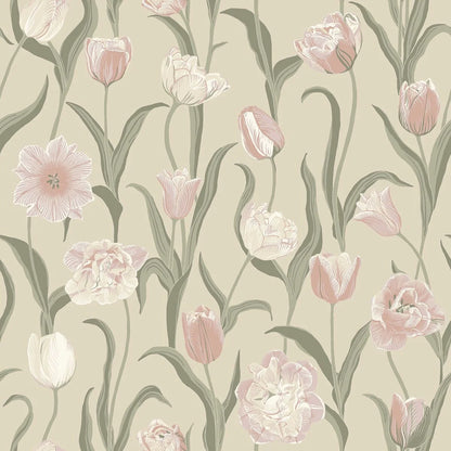 This La Belle Epoque wallpaper has a dreamy arrangement of powdery pink and cream tulips with silver-green leaves on a beige background.