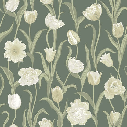  This gorgeous La Belle Epoque wallpaper displays cream-white tulips set against a fairly dark jade green background. 