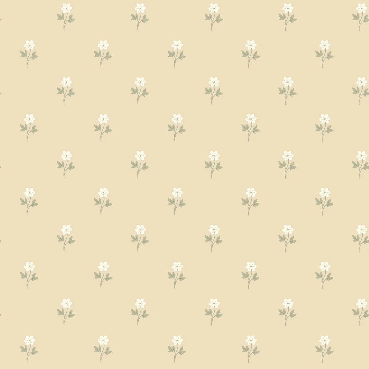 This lovely Anemone wallpaper has white flowers with warm white centers and green foliage on a soft sorbet yellow background.