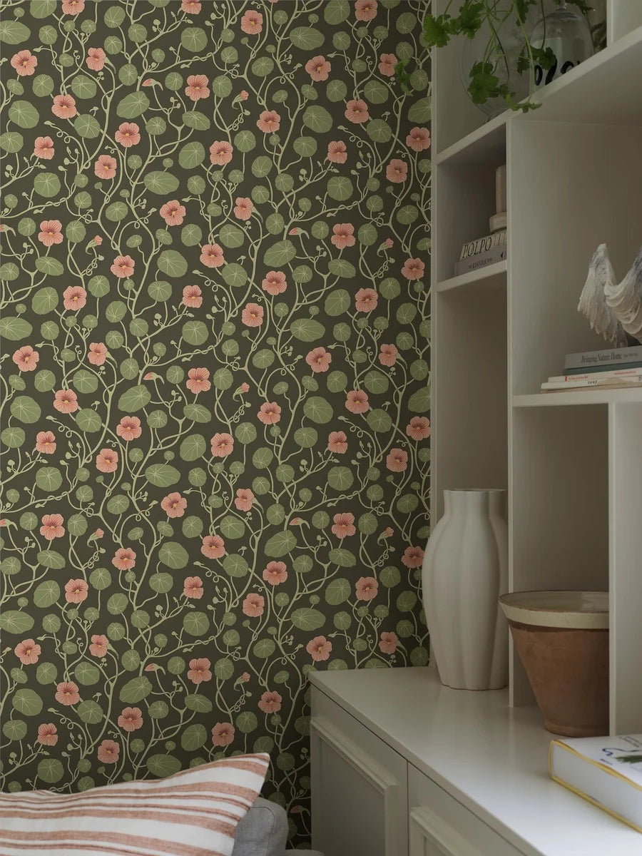  Krasse wallpaper is filled with cheerful Rock Cress flowers in bright yellow tones, with fresh green leaves and winding stems on a white background. 