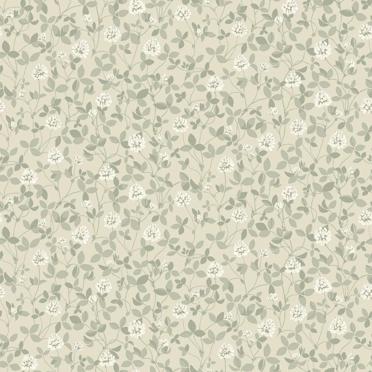  This beautiful Klöver wallpaper has warm white clover flowers among powdery olive-green leaves set on a light beige background. 