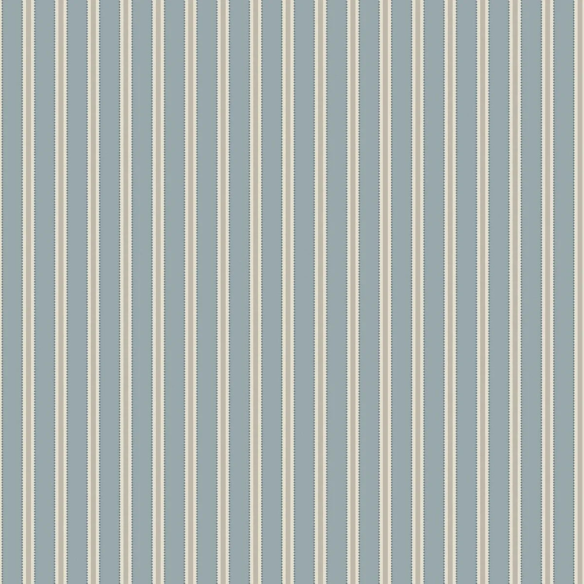 This Pärlband wallpaper is colored in muted blue and brown, on a light beige background, accented with dark blue dots.