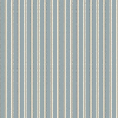 This Pärlband wallpaper is colored in muted blue and brown, on a light beige background, accented with dark blue dots.