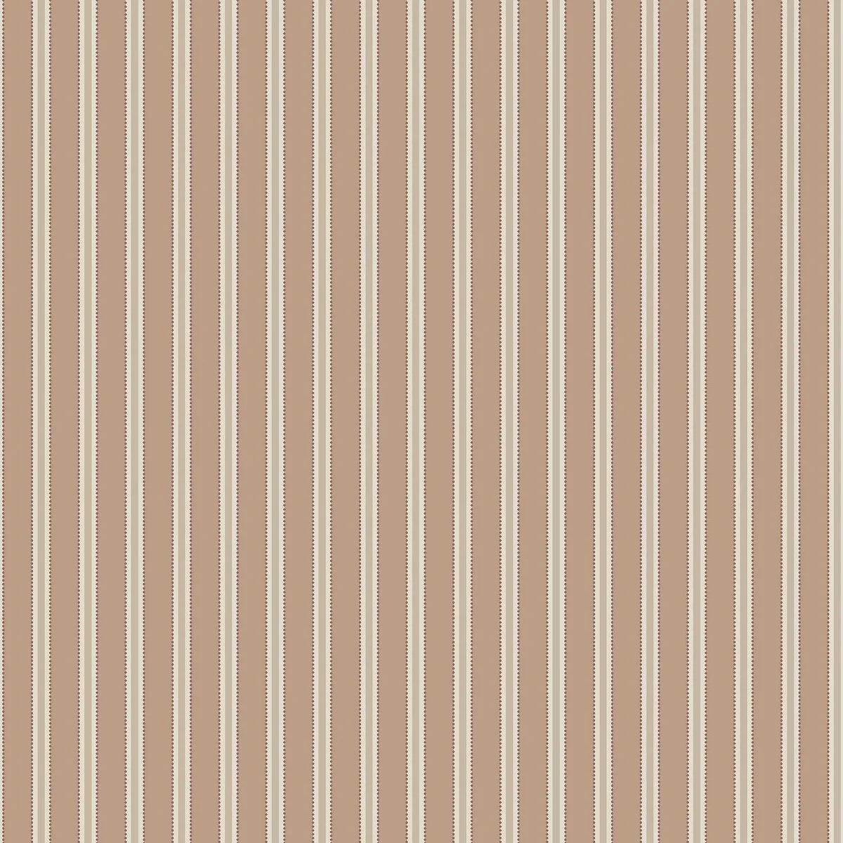  This Pärlband wallpaper has muted terracotta and dark beige stripes on a light beige background, highlighted by dark red decorative dots. 