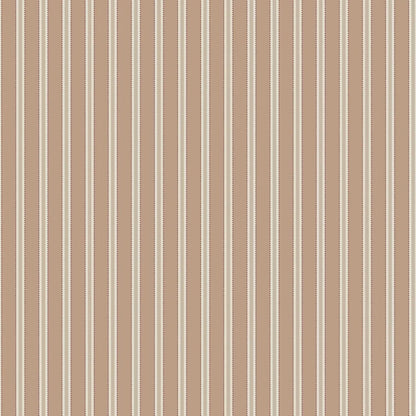  This Pärlband wallpaper has muted terracotta and dark beige stripes on a light beige background, highlighted by dark red decorative dots. 