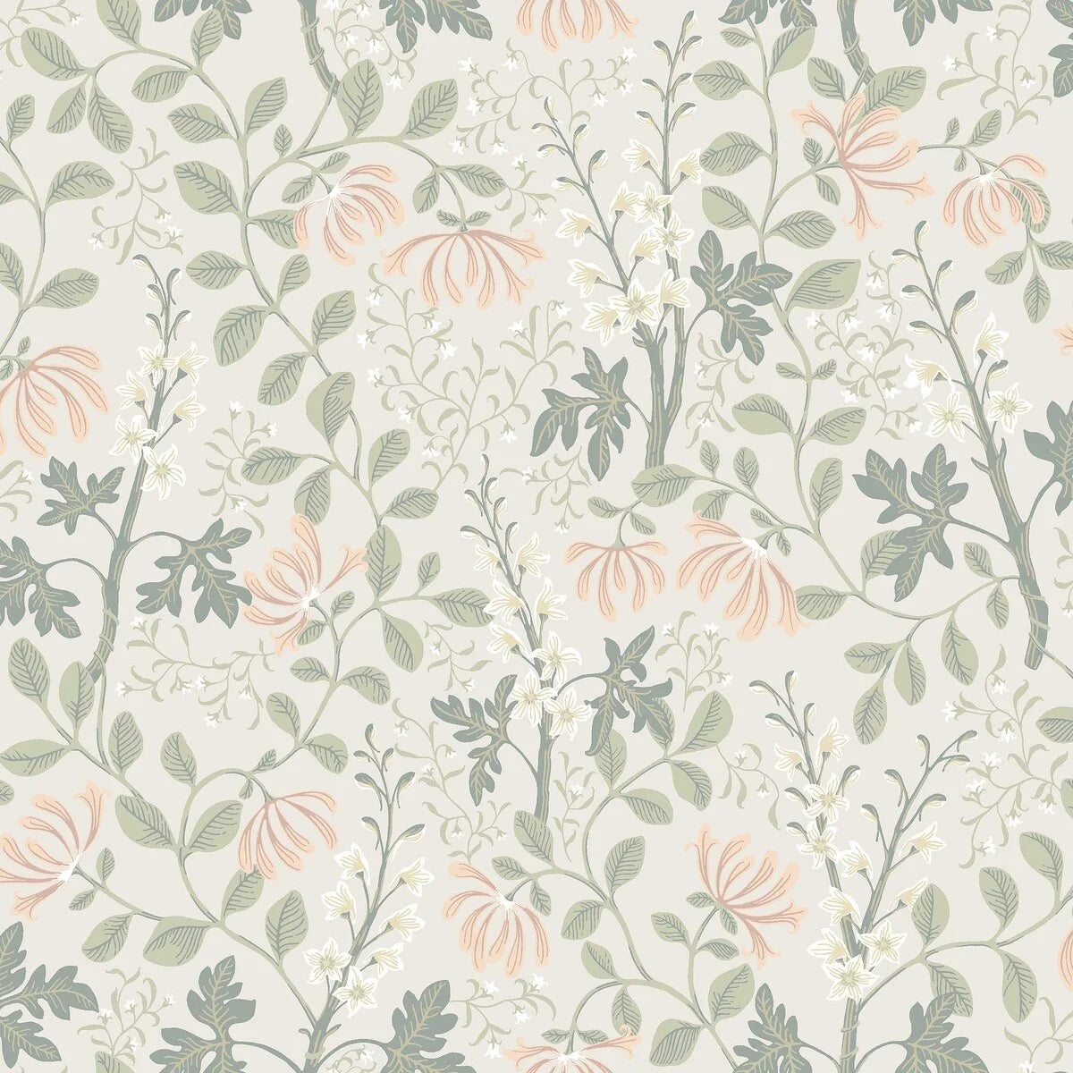  This delightful Trädgårdsfröjd wallpaper showcases apricot pink and white flowers with linden green leaves on a soft beige background. 