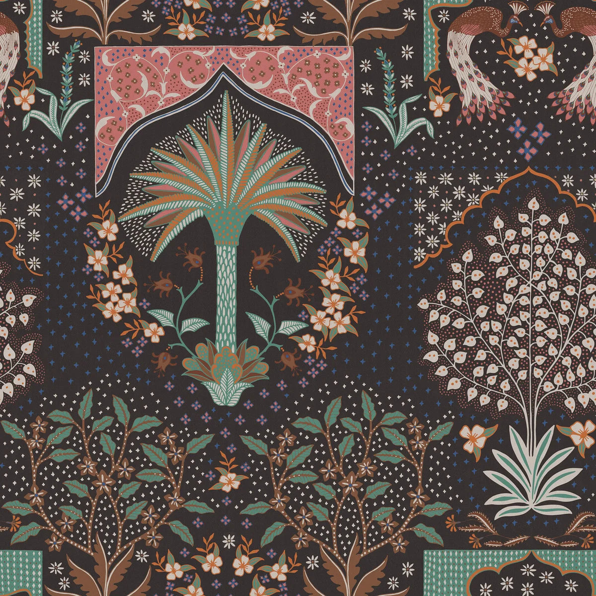 The dark wallpaper Peacock is richly decorated with an abundance of beautiful details. Here are palms, shrubs, trees, and flowers – and majestic peacocks, of course, as the name suggests