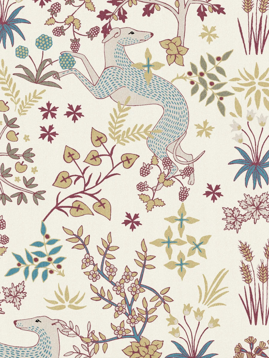 The light wallpaper Whippet is adorned with a playful, dense pattern of delicate vegetation and beautiful whippet dogs. 