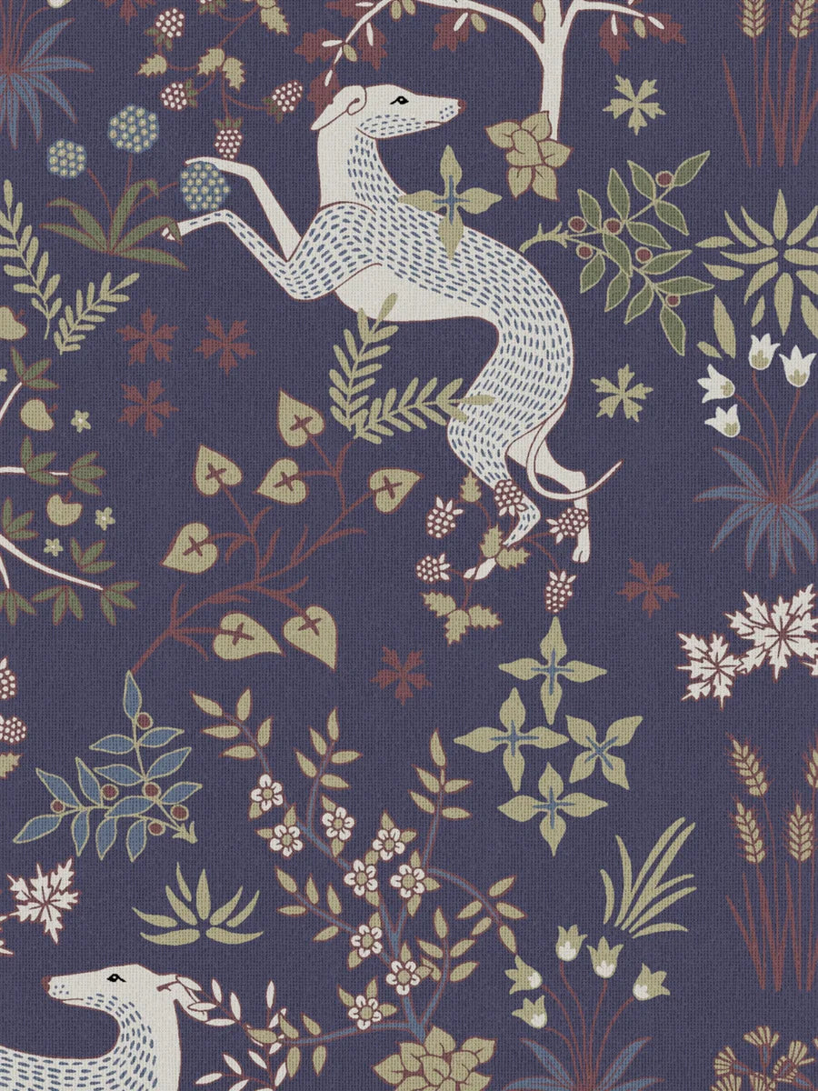 The dark wallpaper Whippet has a dense, richly decorated pattern of playful whippet dogs and delicate vegetation; foliage, flowers, fruits, berries, and swaying grass. 