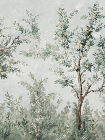 Lydia's Garden wallpaper offers a lush, hand-painted garden view with blooming bushes and white birds in laden fruit trees. 