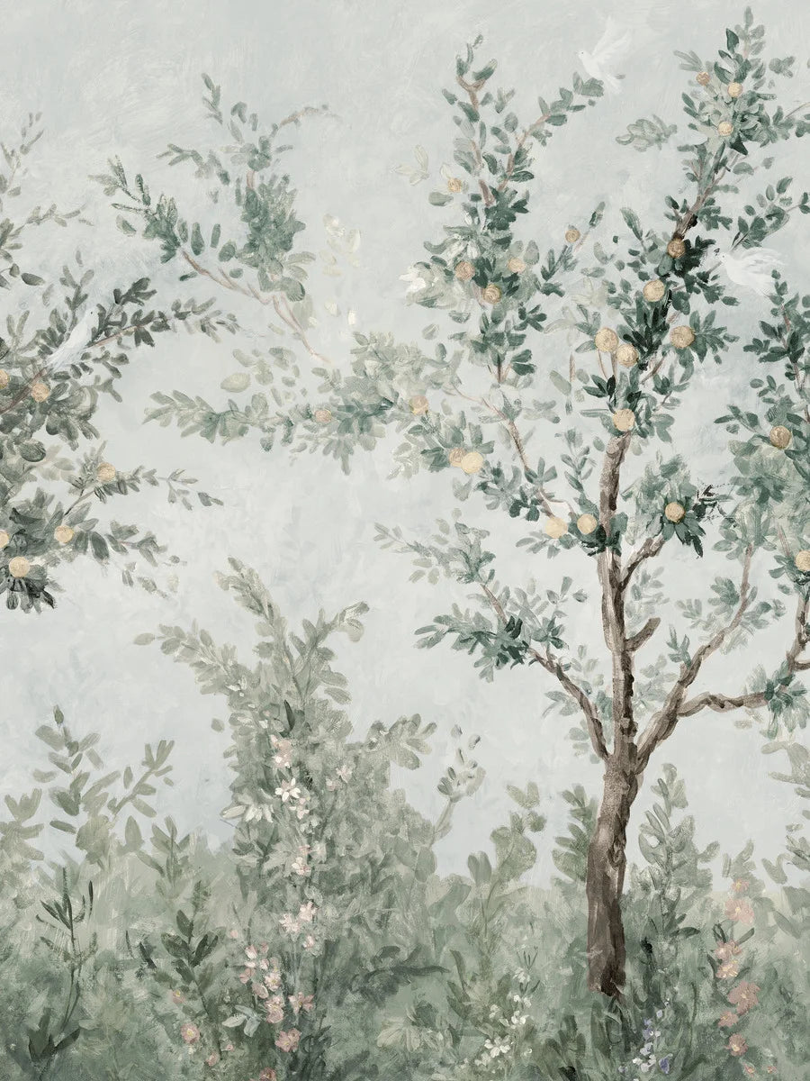 This wallpaper gives the room the feel of a forgotten, overgrown oasis: restful yet full of life.