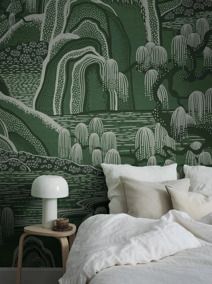 Across the light wallpaper Indigo Garden Mural stretches a magical landscape with Asian characteristics.