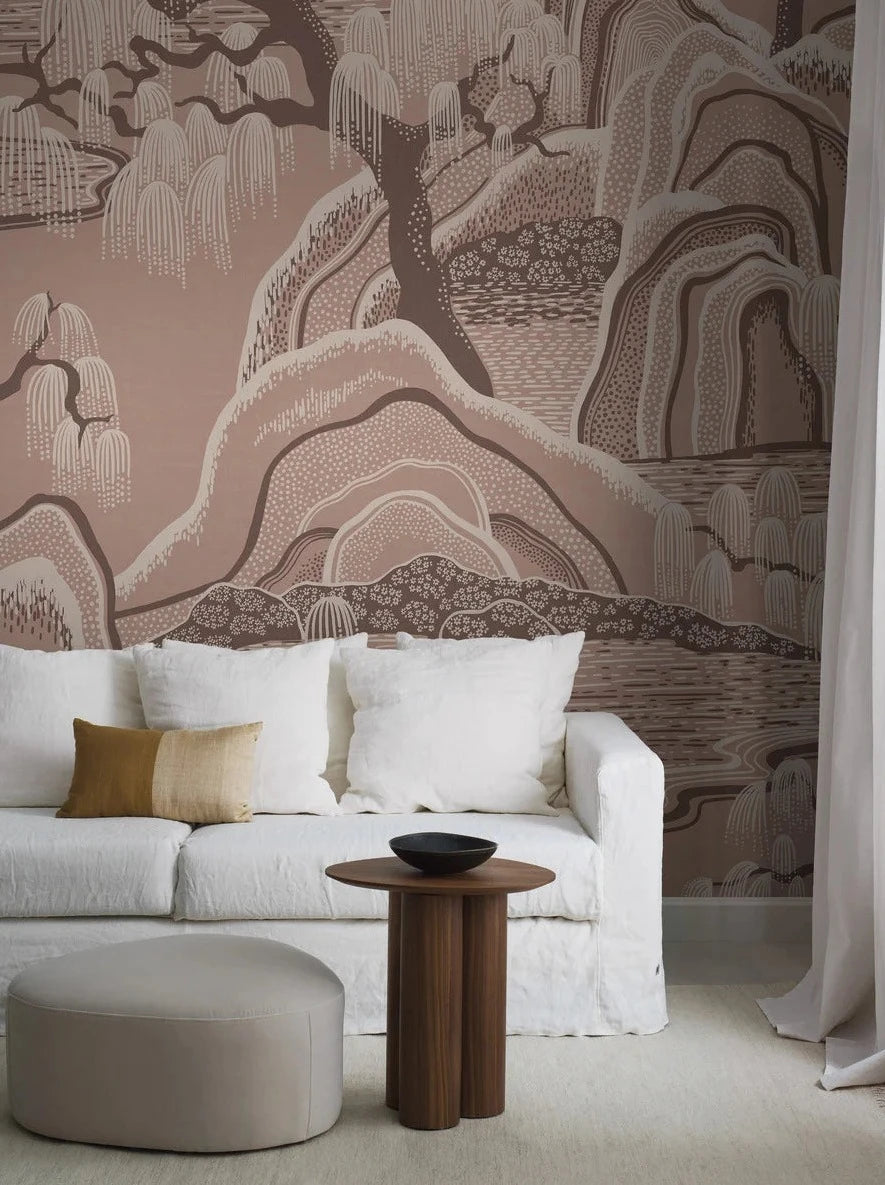 Across the light wallpaper Indigo Garden Mural stretches a magical landscape with Asian characteristics.