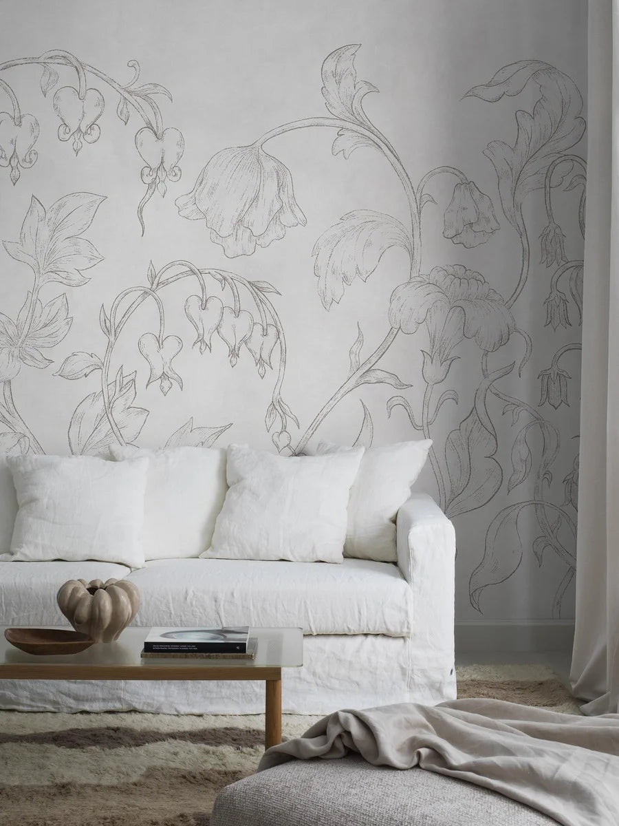 The light mural wallpaper Burning Heart is like a beautiful wall painting, just started as a sketch on a plastered wall