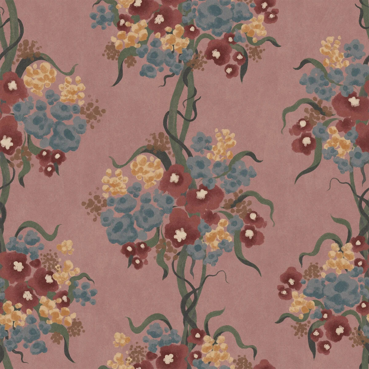 On the floral Boquette wallpaper, beautiful bouquets of loosely arranged flowers twist gently upwards toward the ceiling. 