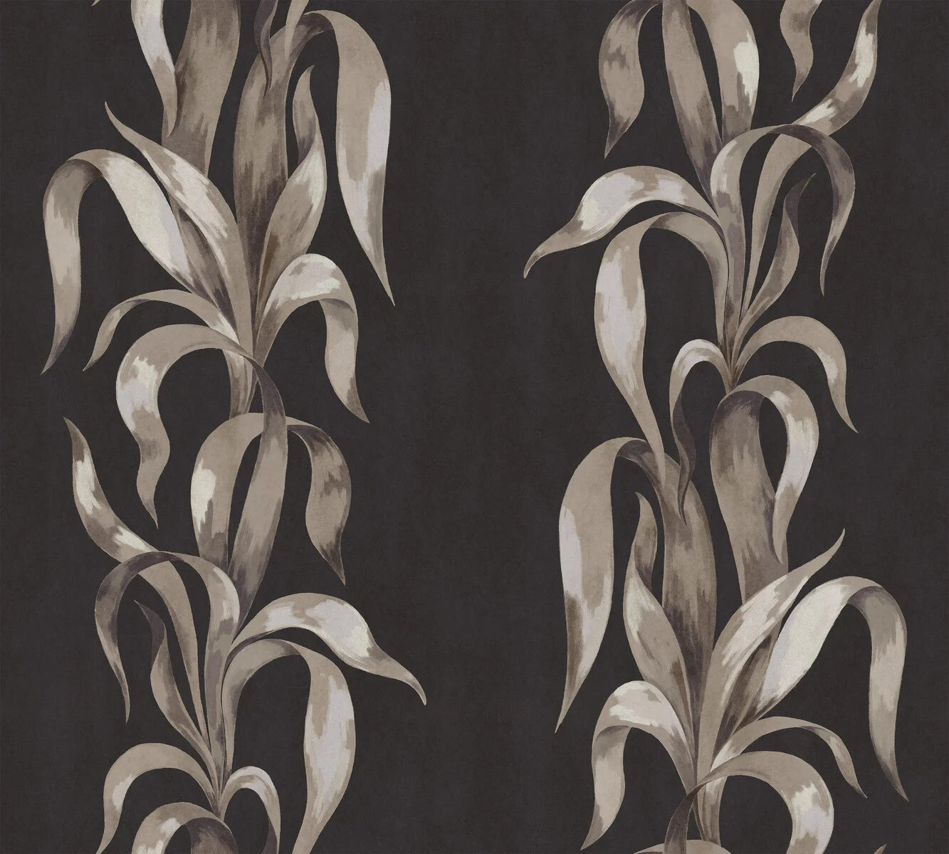 This version of the Agave wallpaper comes in a subdued color palette with leaves in various tones of beige, brown, and white, contrasting against the black, subtly textured background.