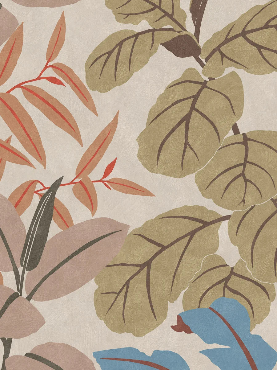 The Grand Leaves wallpaper is covered with large-scale, multicolored foliage – a bold, graphic pattern that makes you feel like you’re in the middle of a vibrant jungle.