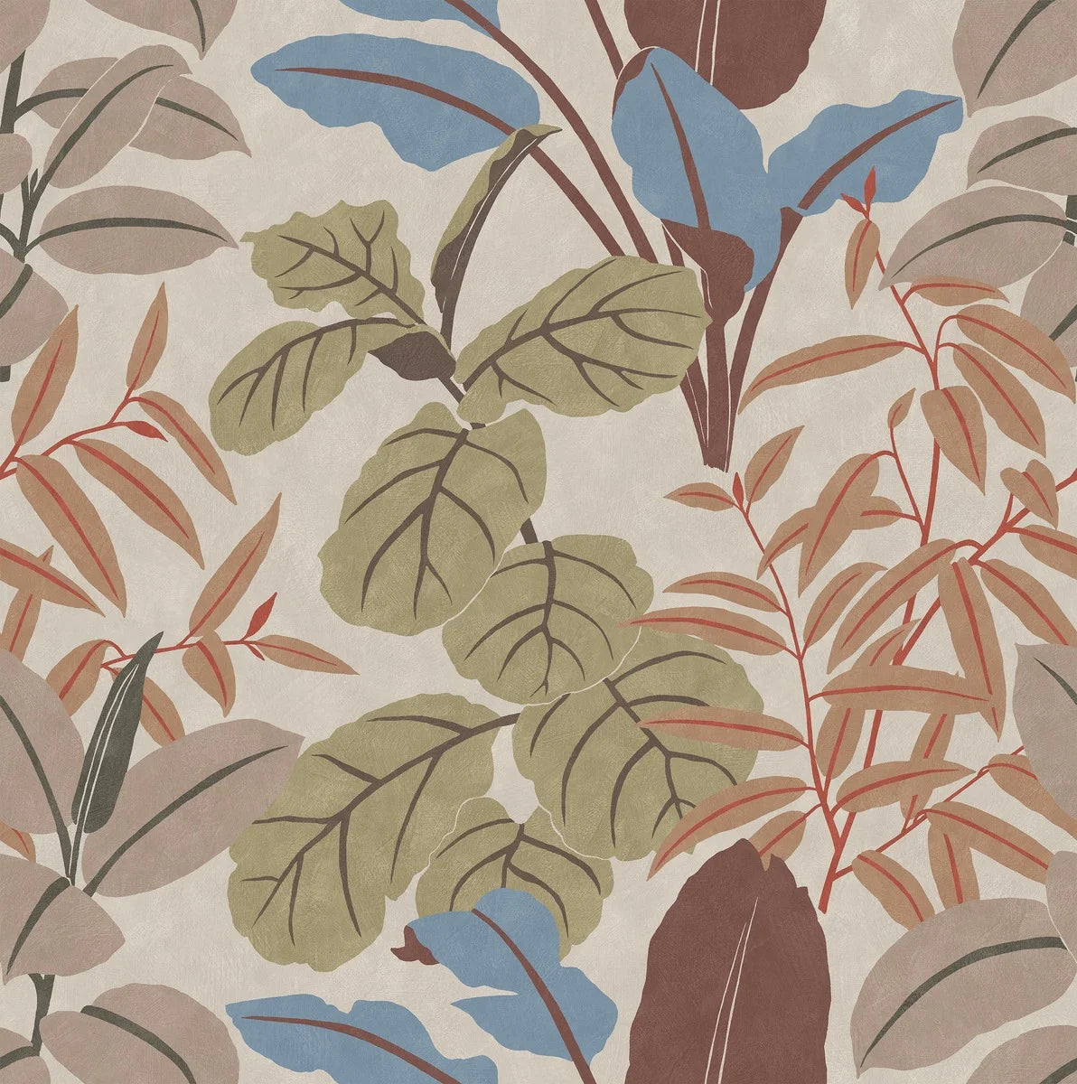 The Grand Leaves wallpaper is covered with large-scale, multicolored foliage – a bold, graphic pattern that makes you feel like you’re in the middle of a vibrant jungle.